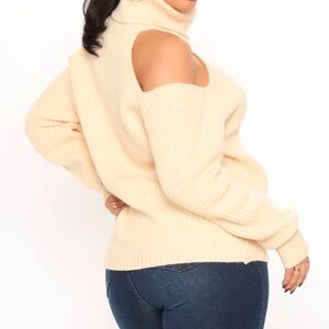 Cream tan ivory cold shoulder turtleneck top sweater